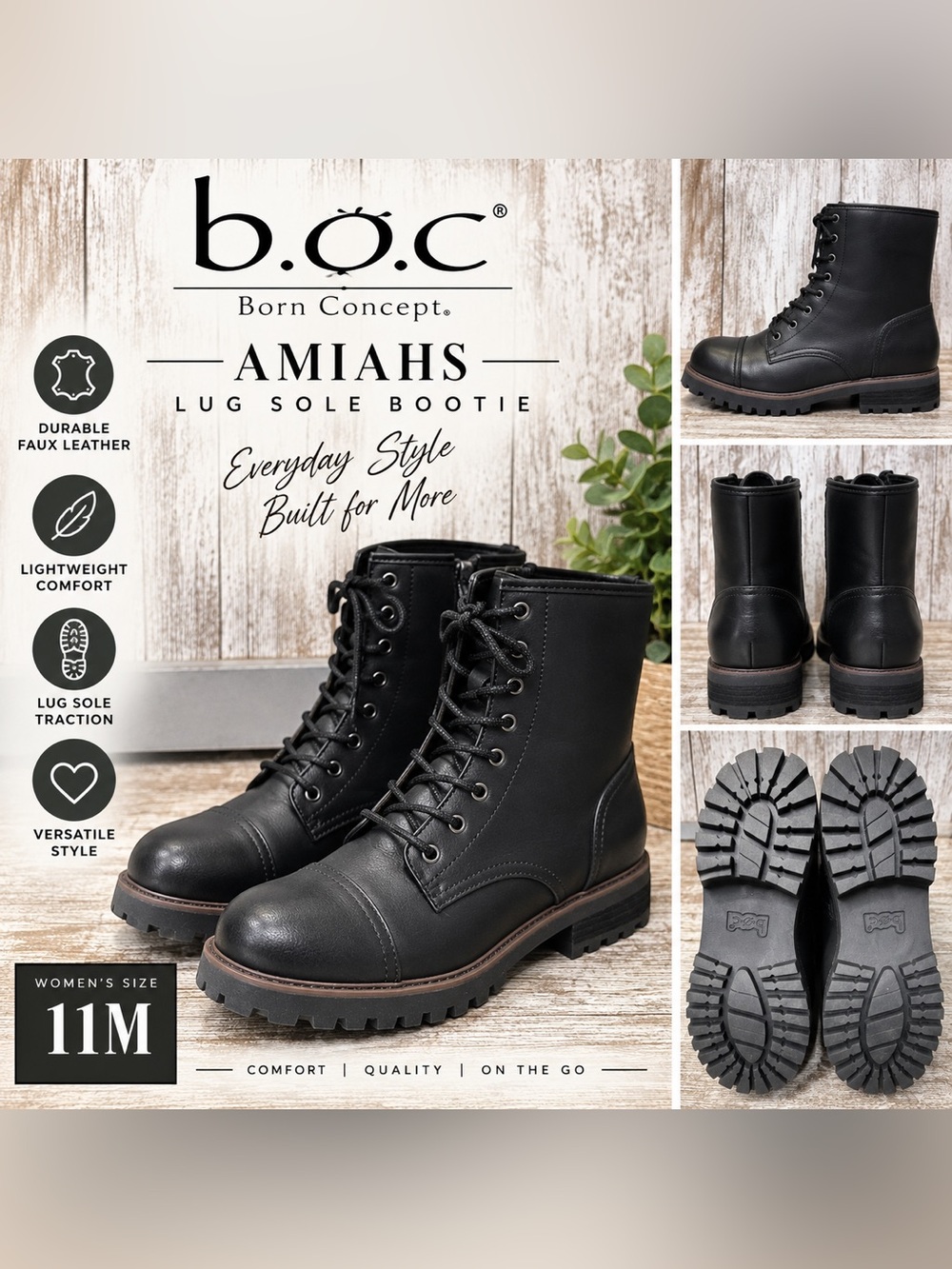 b.o.c. Born Concept Amiahs Black Lug Sole Combat Boots Women’s Size 11M